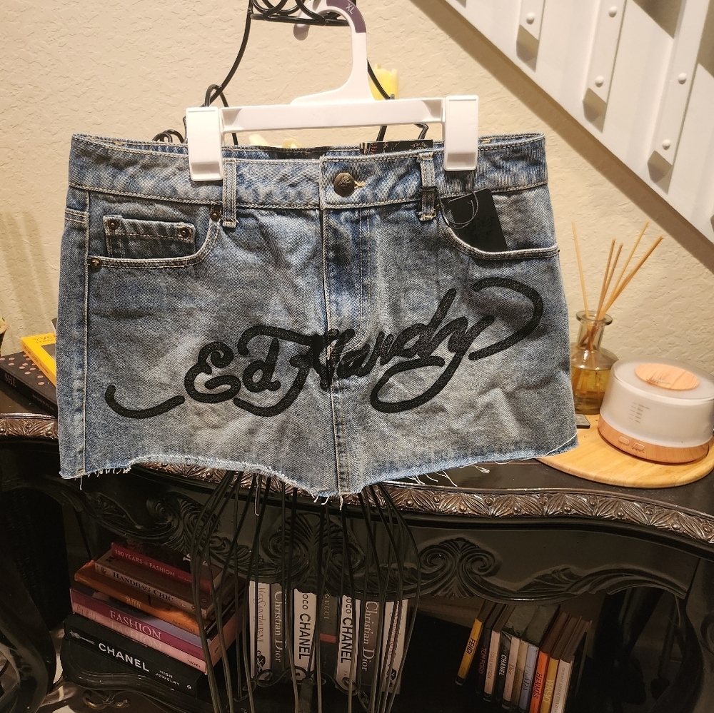 Ed Hardy mini denim skirt size L NEW